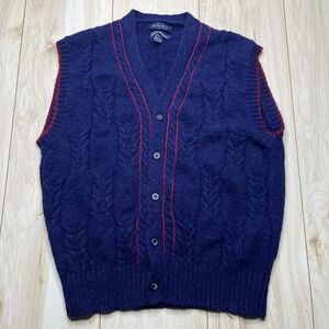 VTG Gant Hand Framed Wool Cotton Cable Knit Vest Sweater Mens Large Navy Blue